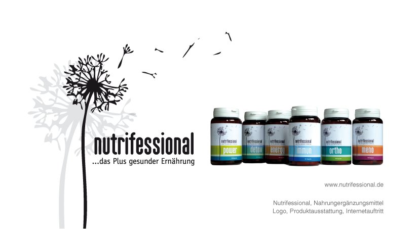 Nutrifessional, Nahrungergänzungsmittel - Logo, Produktausstattung, Internetauftritt